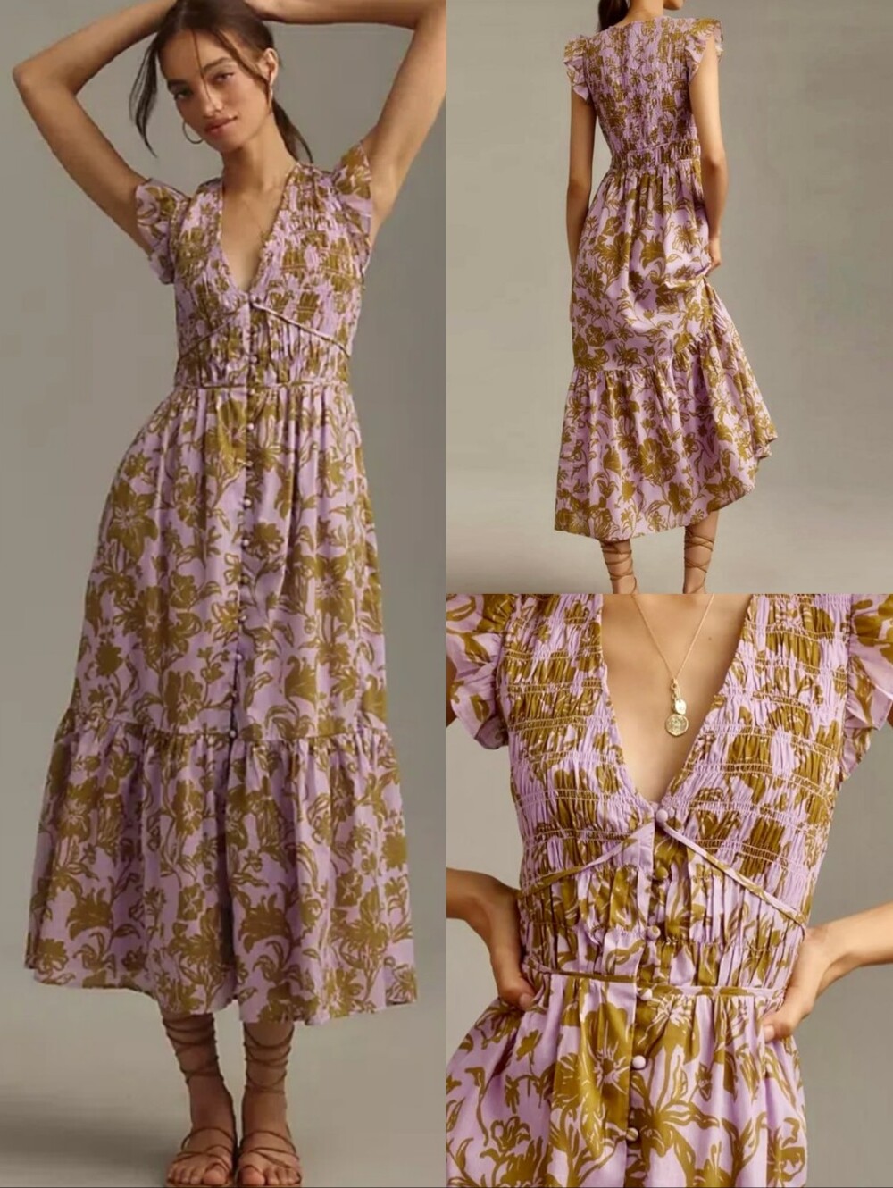 Anthropologie Peregrine Midi 100% Cotton Dress Sz M Purple Green Prairie Smocked